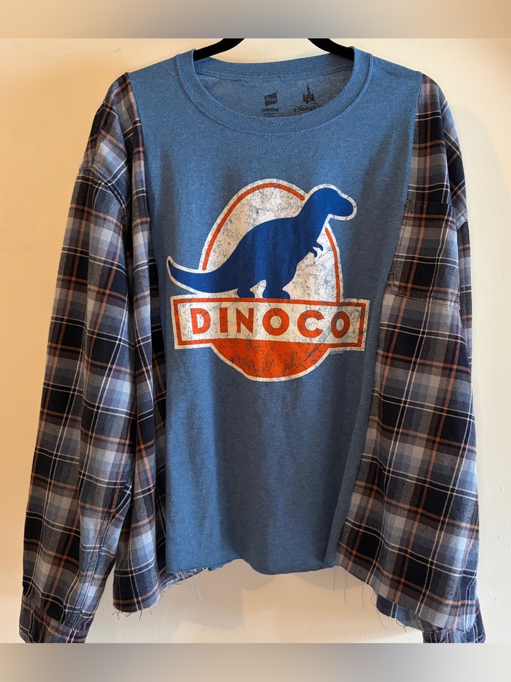 Blue Dinoco Disney Cars Upcycled Plaid Sleeve Women’s XL Oversized Graphic Tee